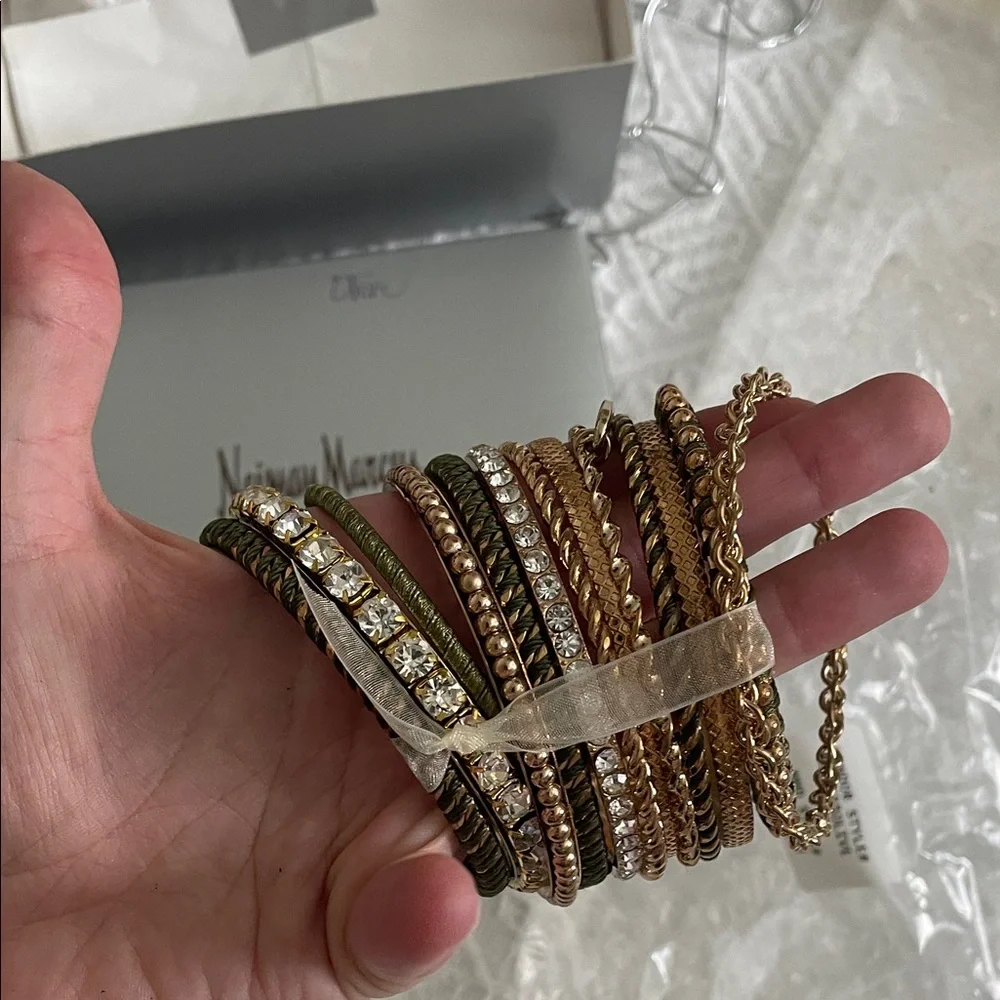 NWT Neiman Marcus 13 bangle bracelet set gold crystal olive green